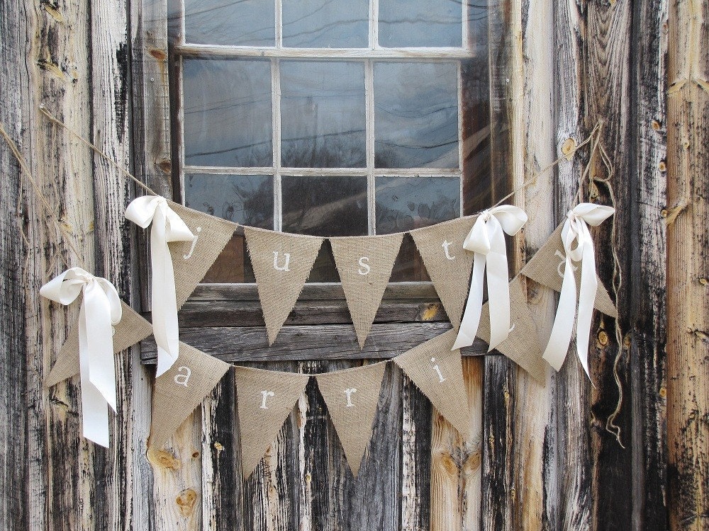 JUST MARRIED Lowercase White Glittered Burlap Banner with Ribbon Bows