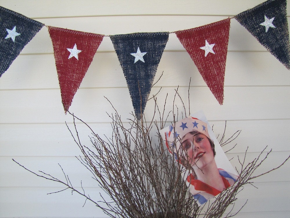 SALE...Stars Patriotic Glittered Painted Burlap Banner, July 4th, Red White Blue