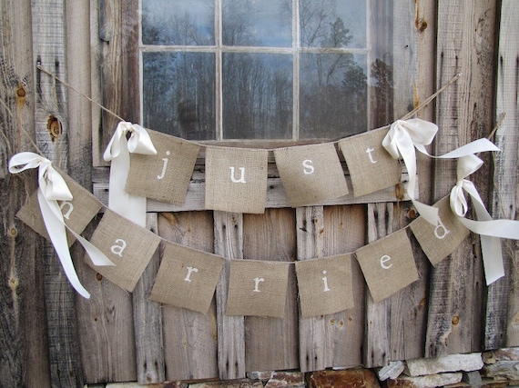 Ready to ship...JUST MARRIED Lowercase White Glittered Burlap Banner with Ribbon Bows