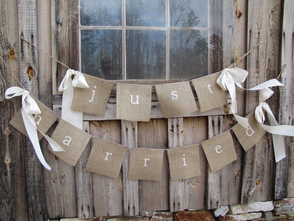 Ready to ship...JUST MARRIED Lowercase White Glittered Burlap Banner with Ribbon Bows
