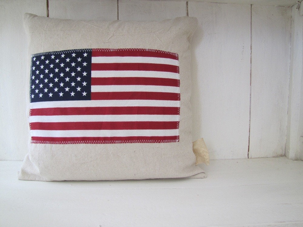 US Flag  Feedsack Style Pillow Cover 16 x 16