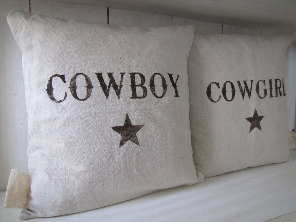 Cowboy and Cowgirl Feedsack Style Pillow COVER Set