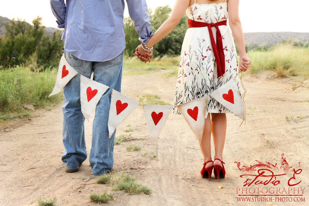 Ready to ship..White Painted Burlap with Red Glitter Hearts...Wedding Photo Prop