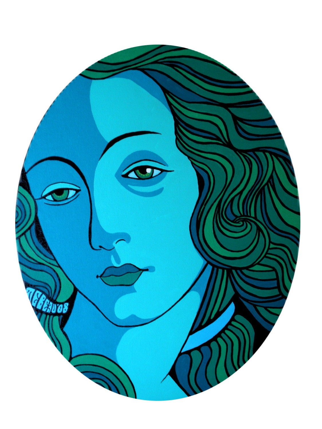 GREENER GODDESS, original pop art style painting and tribute to Sandro Botticelli's Birth of Venus