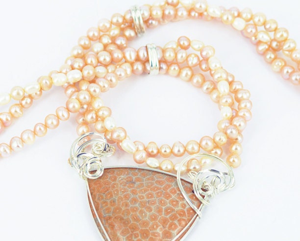 Fossilized Coral and freshwater pearl sterling silver Necklace Wire wrapped and sculpted Peach apricot white wedding