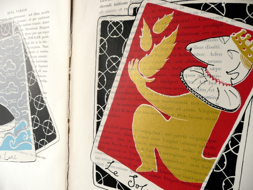SALE EOFY Le Soleil and La Lune Screenprint on Latin Book Page Set