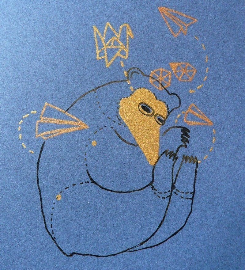 Origami Bear on Deep Blue Mi Tentes Limited Edition Print / Gocco Printed