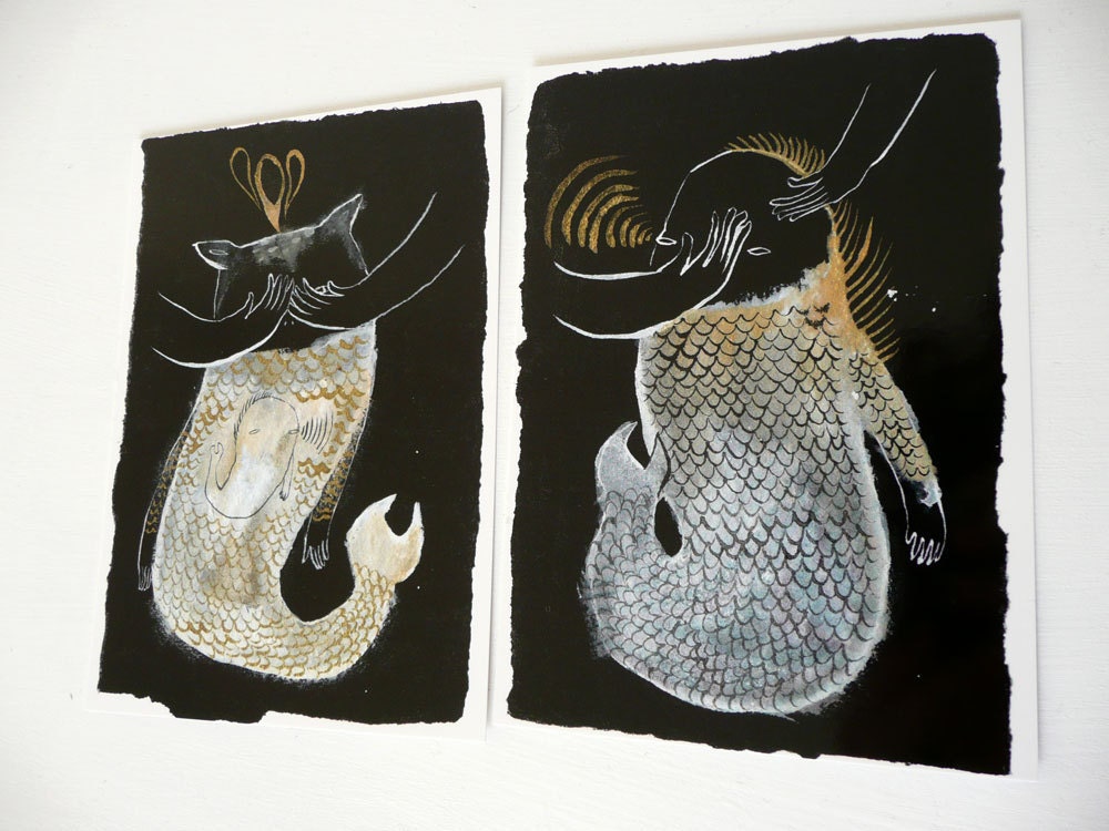 Six Black White Gold Postcard Set by Emma Kidd / original illustration reproduction print