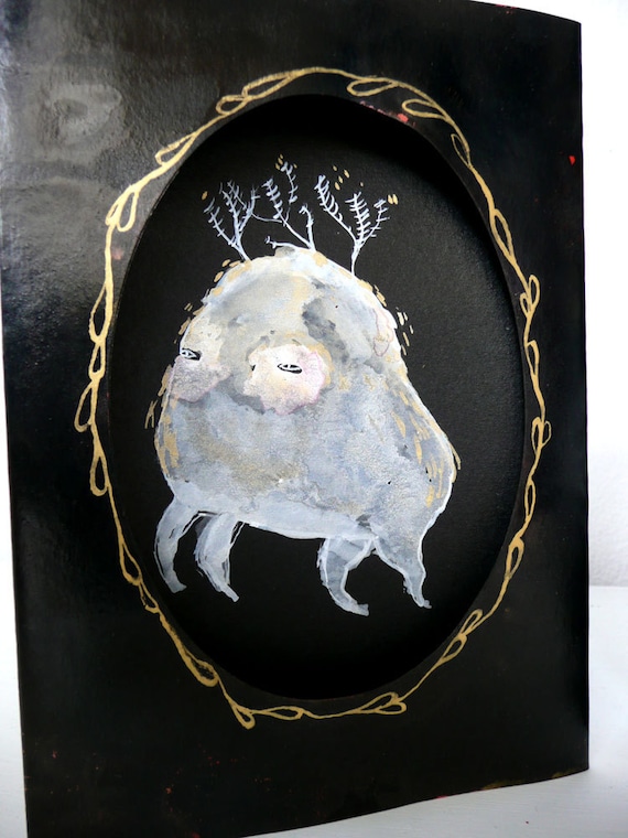 SALE Small Leaping Beast Original Painting in Oval Window Card