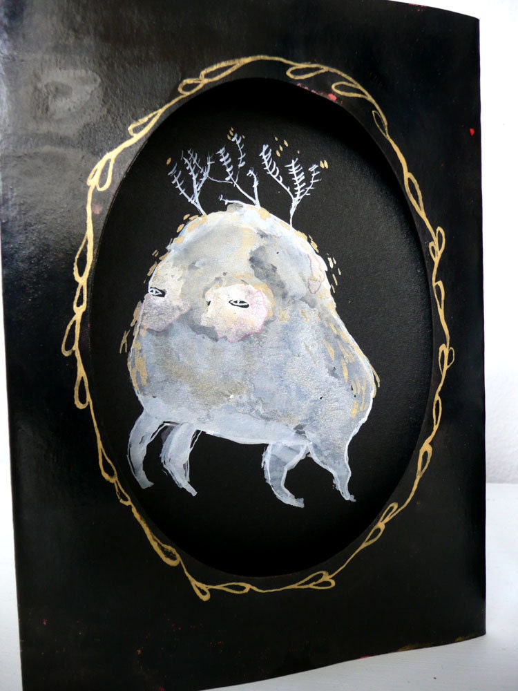 SALE Small Leaping Beast Original Painting in Oval Window Card