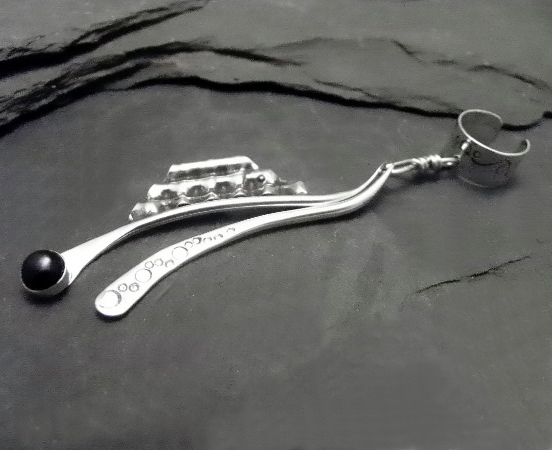 Black Onyx Sterling Ear Cuff - SAILS - One of a Kind OOAK Dangle Silver Earcuff Wrap