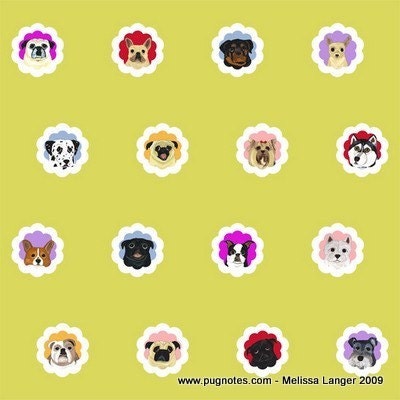 Dog Fabric - 16 Dogs and Pugs - 1 Yard - Groovy Dogs