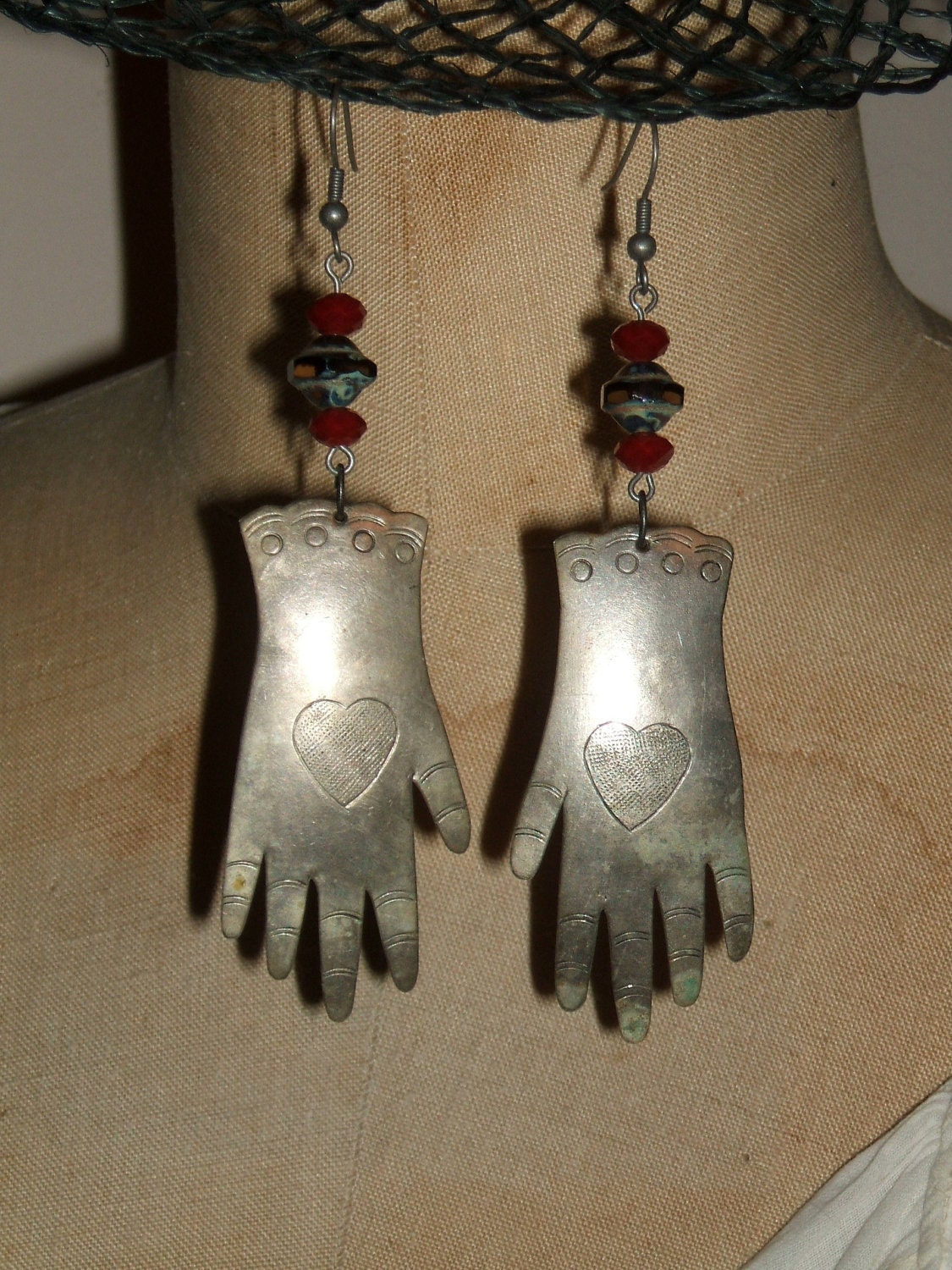 Heart and Hand Folk Art Style Dangle Earrings