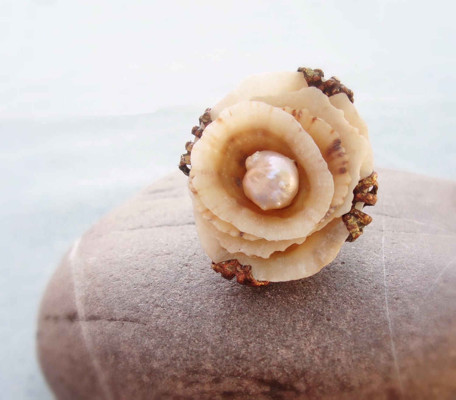 Shell and Pearl Rose Ring - Sea Treasure Collection