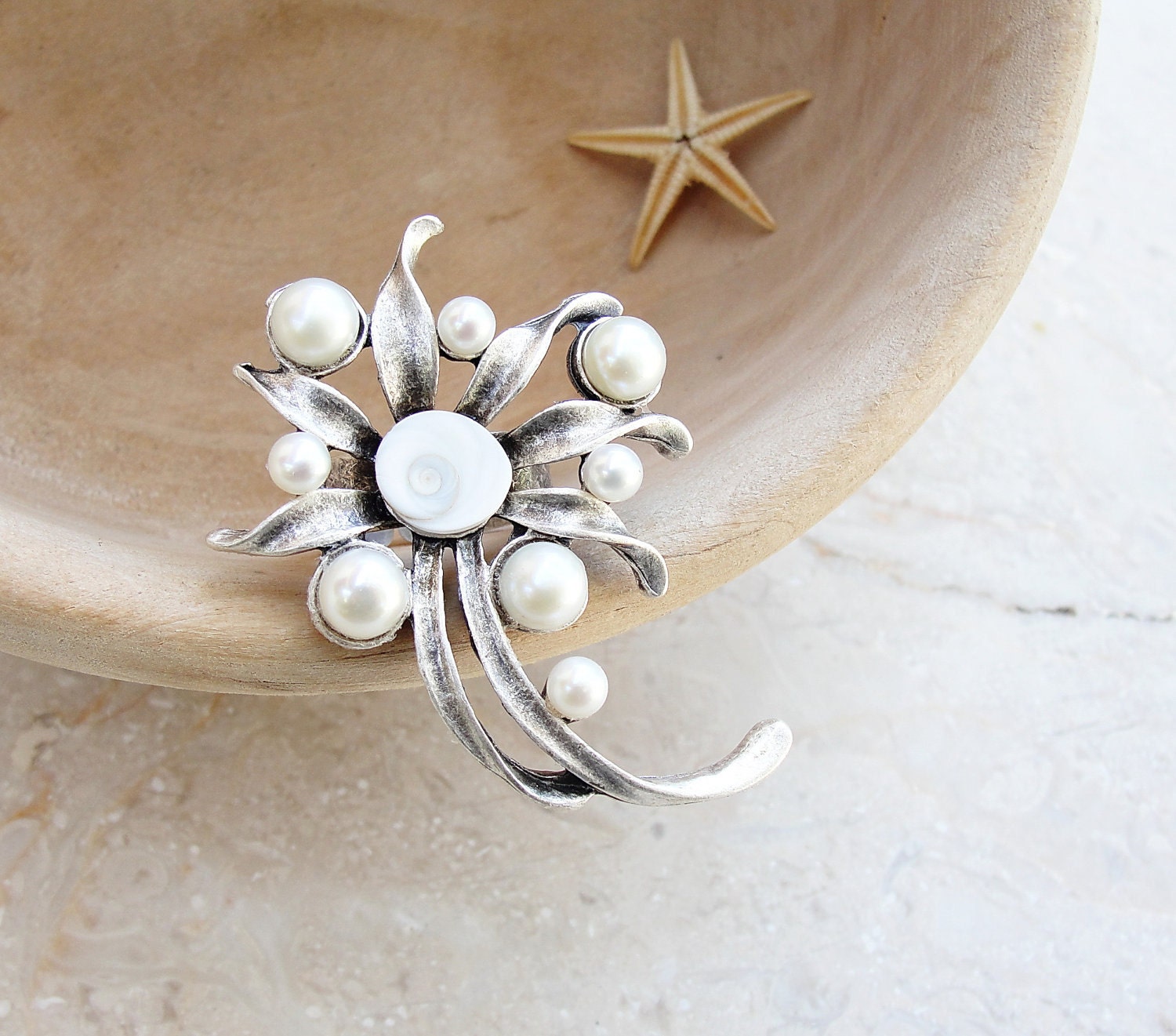 Pearl and Shell Ring - Sea Treasure Collection - Pearl and Eye of Shiva Shell Ring