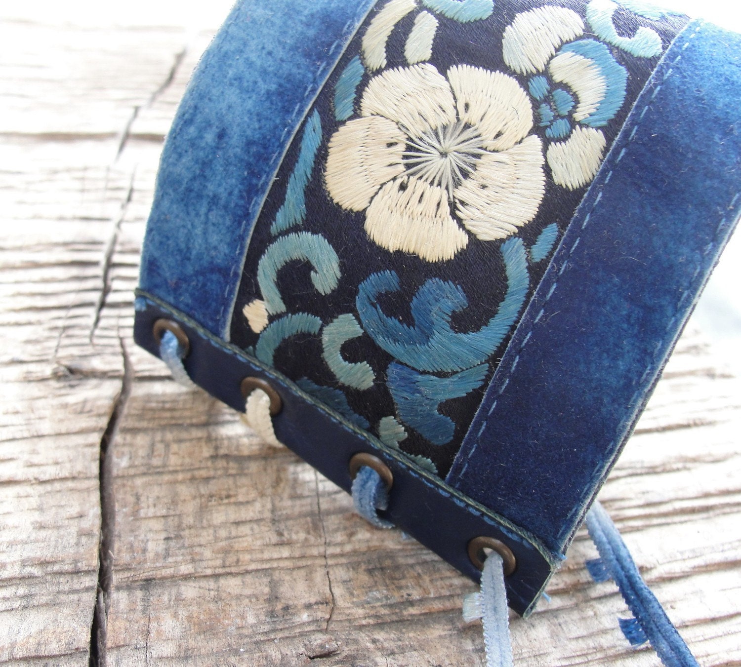 Vintage Embroidery Textile Cuff with Leather