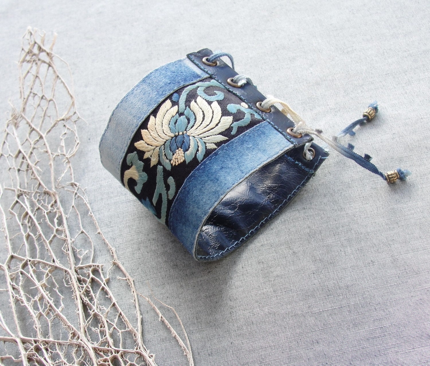 Vintage Embroidery Textile Cuff with Leather