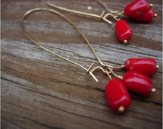 Red coral on long kidney wire stylish earrings Elegance Collection