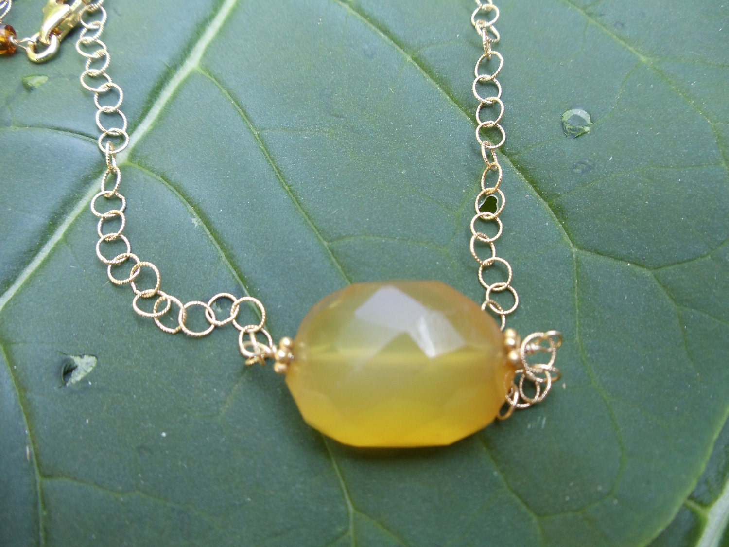 Honey Yellow chalcedony faceted freeform nugget on gold chain necklace