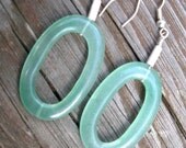 Green aventurine carved ovals long sterling silver earrings