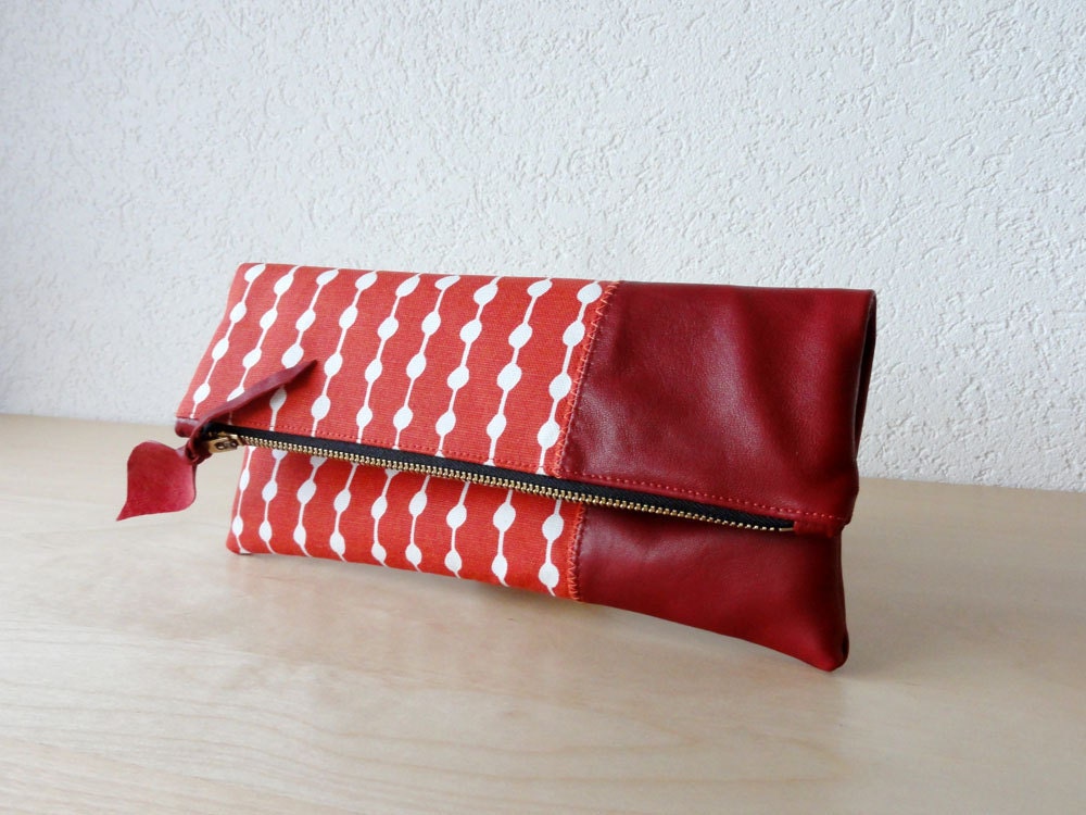 Leather Clutch in Red Italian Leather and European  Canvas - Indie Patchwork Series