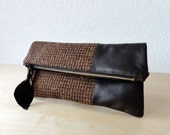 Leather Clutch in Dark Brown Italian Leather and European Wool  - Indie Patchwork Series