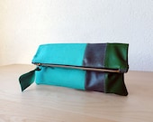 Leather Clutch in Italian Leather and Jade Green European Linen - Indie Patchwork Series