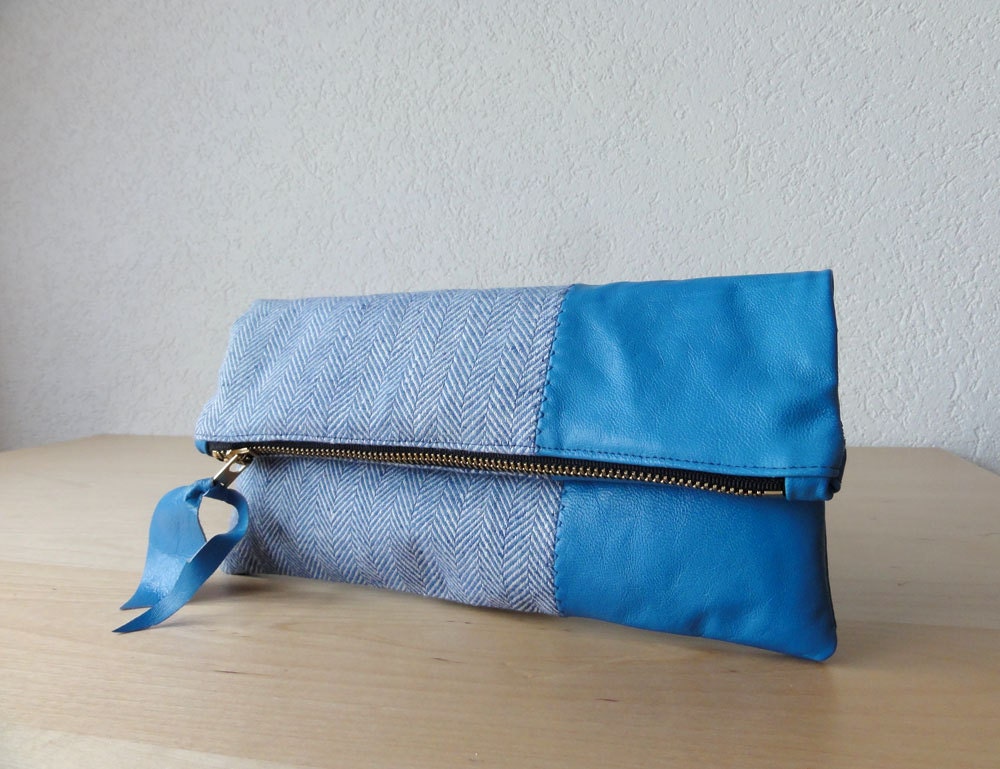 Leather Clutch in Royal Blue Italian Leather and European Washed Linen - Indie Patchwork Series