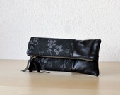 Leather Clutch in Black Italian Leather and Floral European Wool  - Indie Patchwork Series