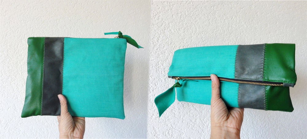 Leather Clutch in Italian Leather and Jade Green European Linen - Indie Patchwork Series