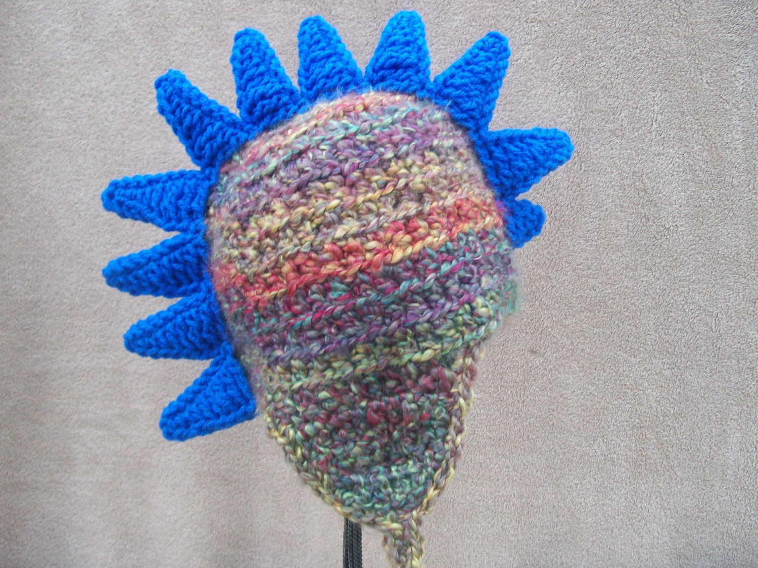 Adult Dragon Hat in Desert Sunset with Bright Blue Spikes
