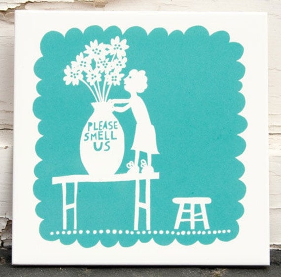 Please Smell Us ceramic tile, Turquoise