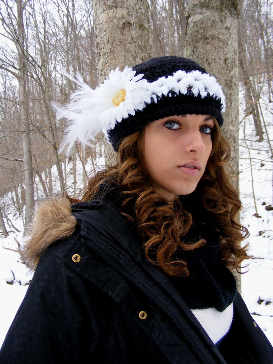 Crochet Cap or Slouch Hat Adult Medium to Large Daisy and Feathers Turned up Brim