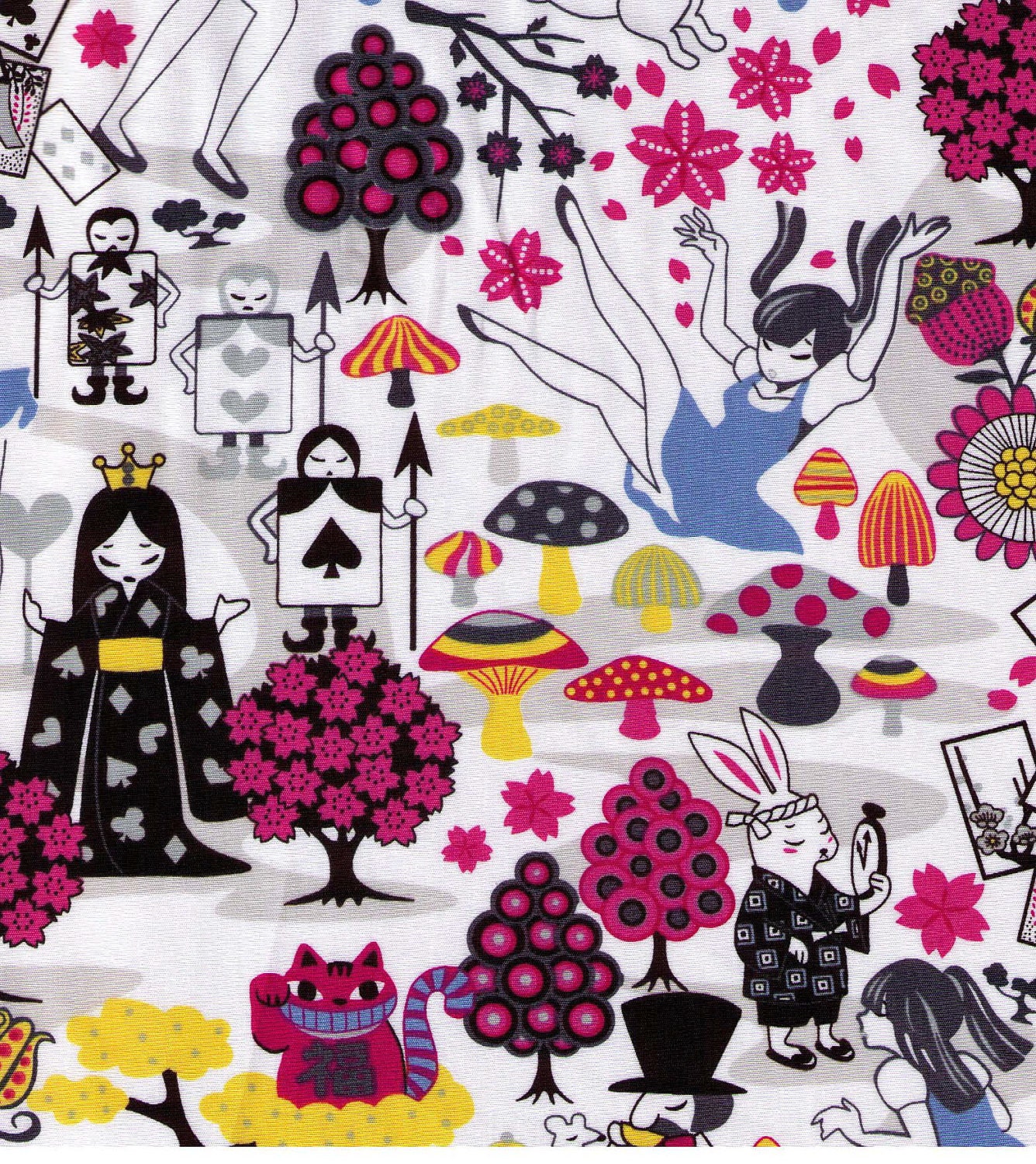 HALF YARD - Anime Alice in Wonderland - Blue - Kawaii White Rabbit, Queen, Mad Hatter, Lucky Cat, Cherry Blossoms, Mushrooms