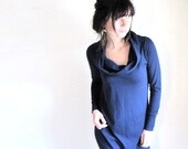 Organic Cotton Long Sleeve Cowl Dress  - Navy Blue -  Winter Dress -  Made to Order