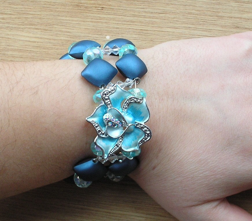 Cuff Bracelet Blue Beads and Blue Rose