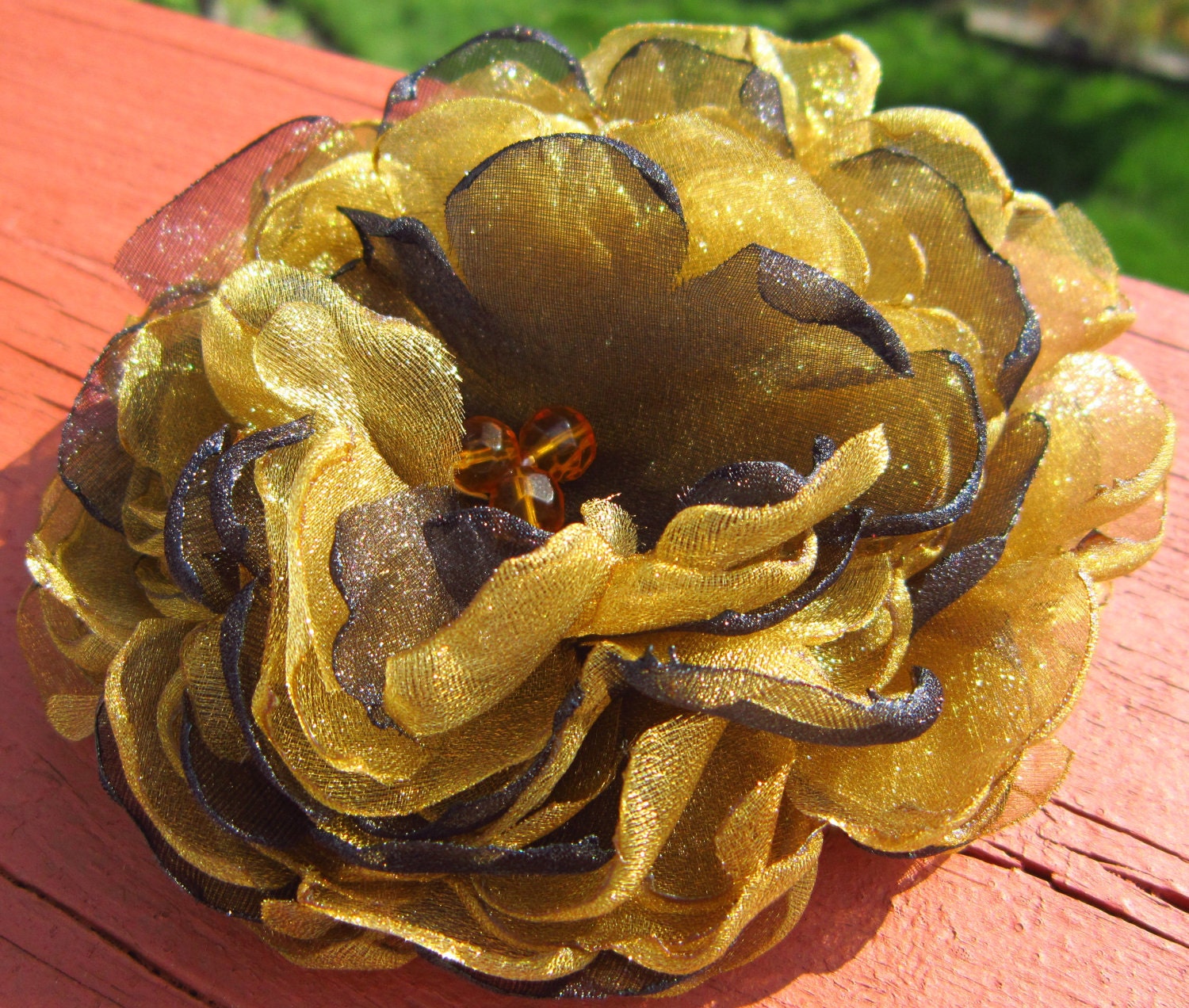 Accessory Pin or Bobby Pin You Choose Black and Gold 4.5 inch Organza PeonyAccessories organza flower brooch fabric flower spring wedding