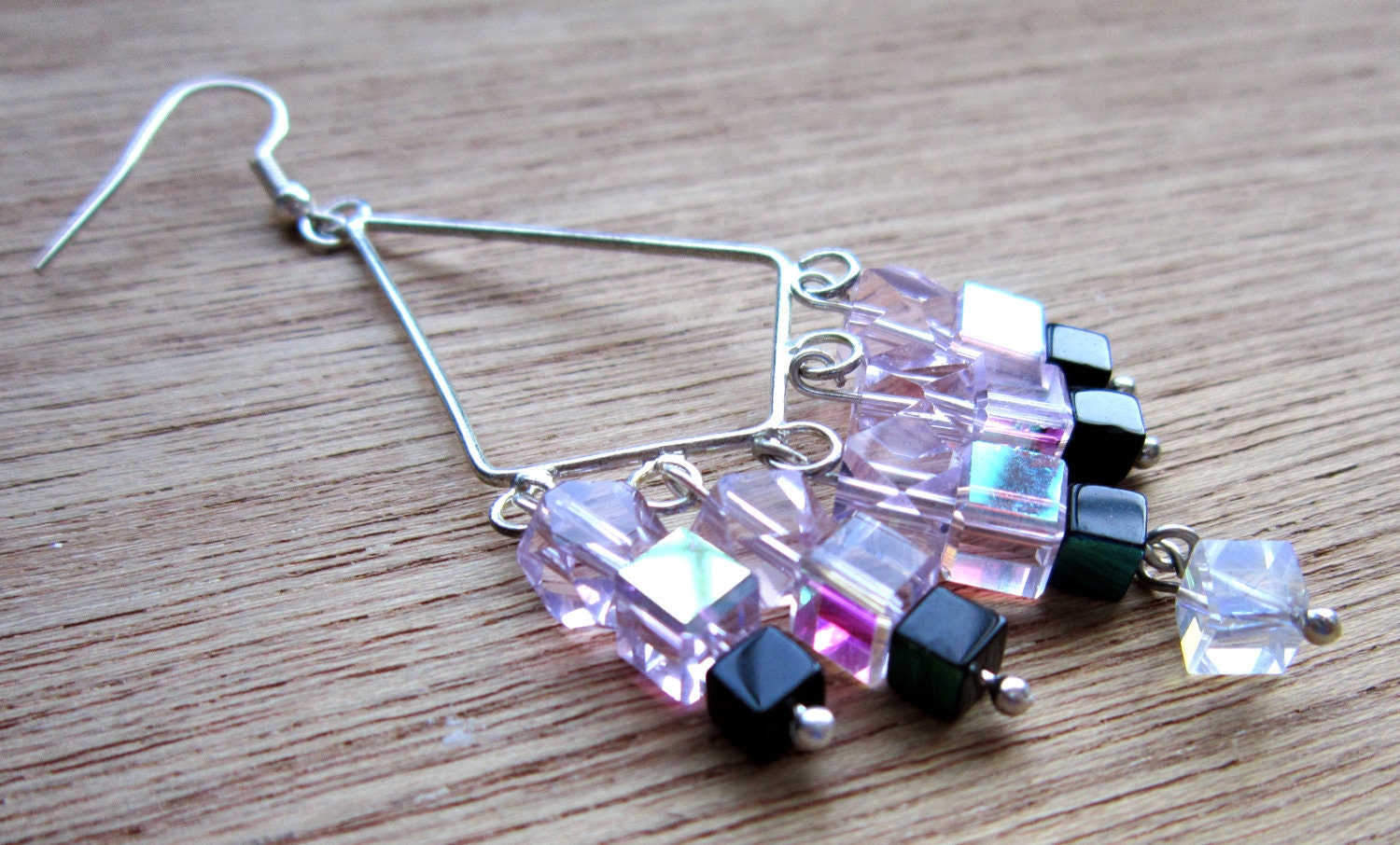 Chandelier Earrings AB Clear Pink and Black Beads