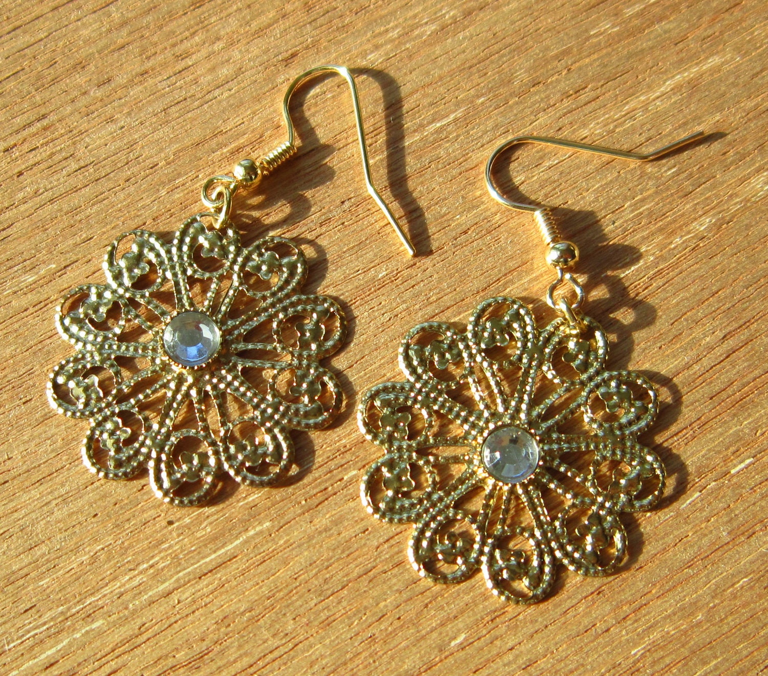 Brass Circle Flower Chandelier Earrings with Rhinestone Like Center