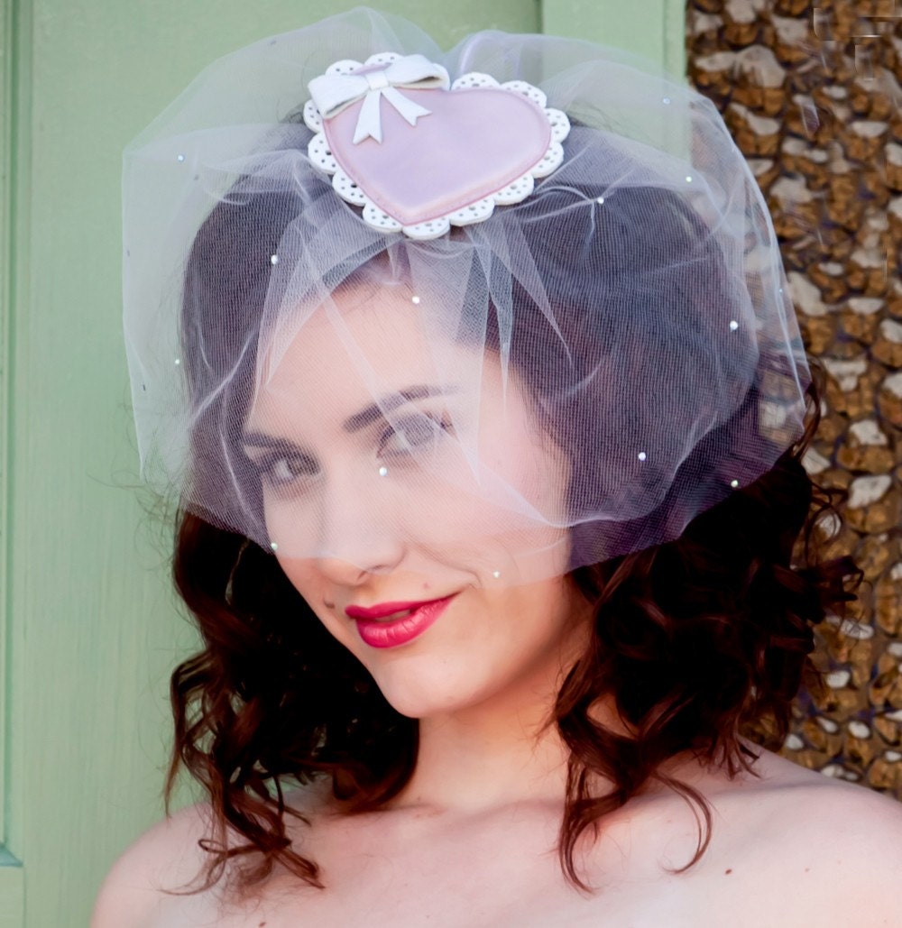 The Aubrey - Heart Fascinator with Tulle Veil - Bridal