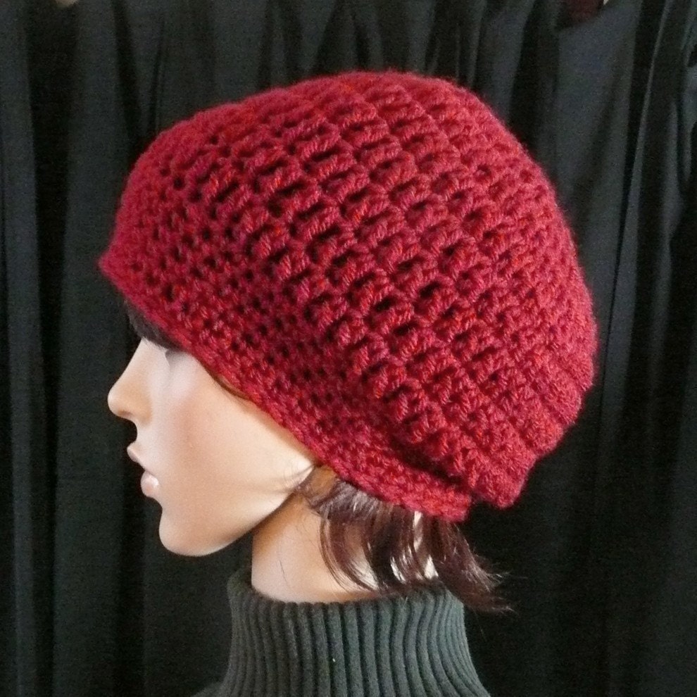 Slouchy Beanie in Cranberry Red - Crocheted Hat