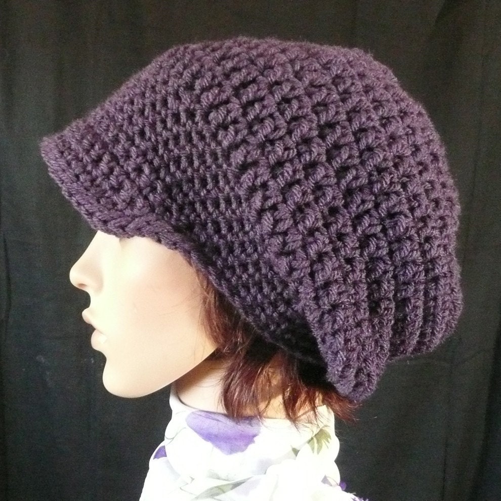 Brimmed Slouchy Beanie in Eggplant Purple