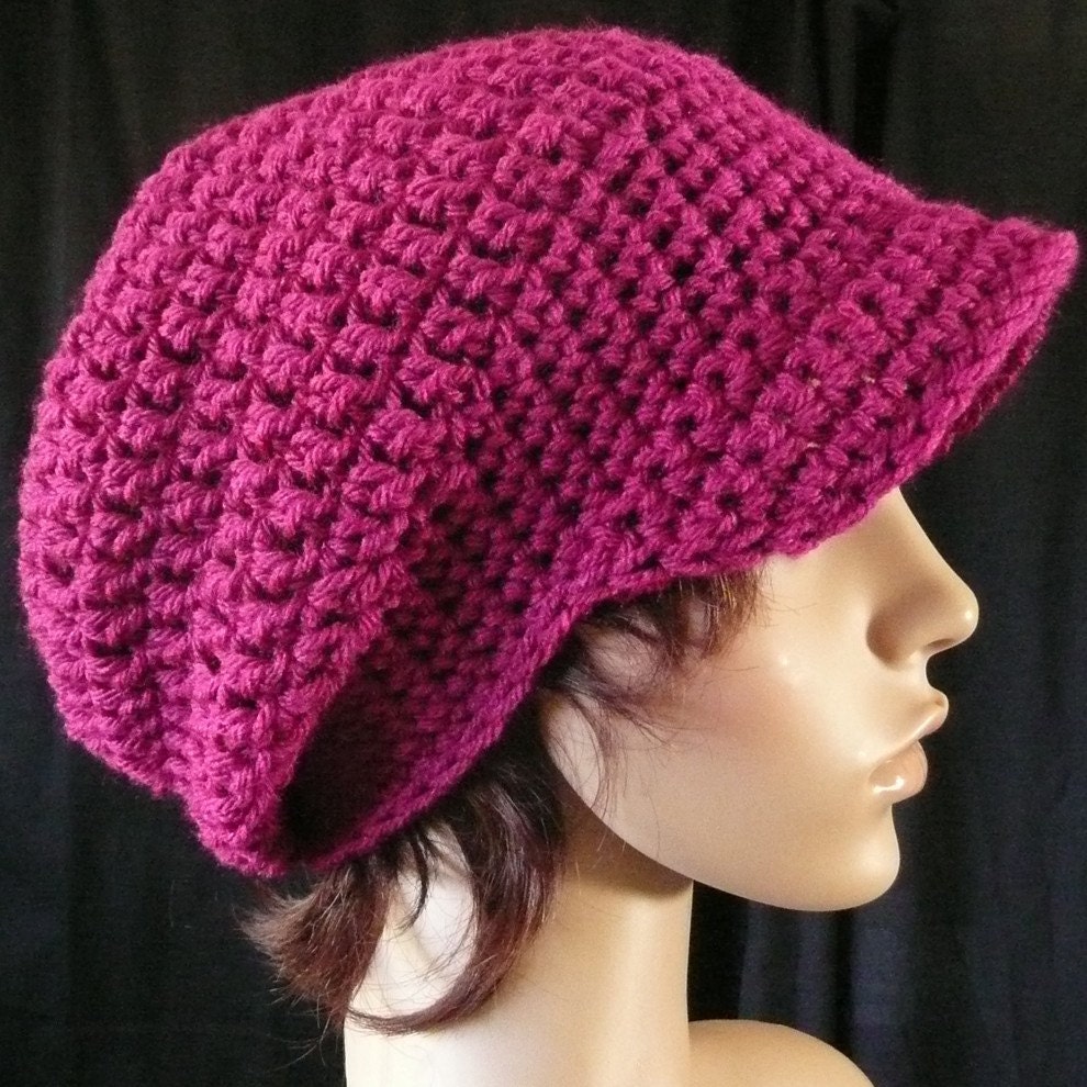 Slouchy Beanie with Brim in Fucshia Pink - Dark Raspberry - Magenta