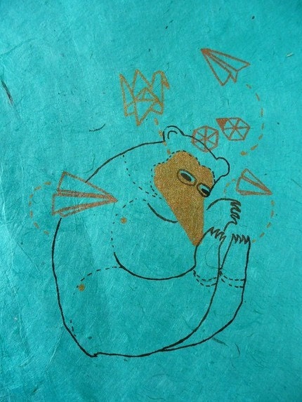 Origami Bear Aqua Rice Paper Gocco limited edition print by benconservato