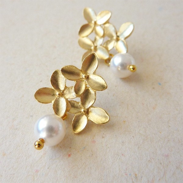 Cherry Blossom with White Pearls Earrings. 925 Silver Posts. Bridesmaid Gifts. Bridal Party Gifts. Wedding Party Gifts.