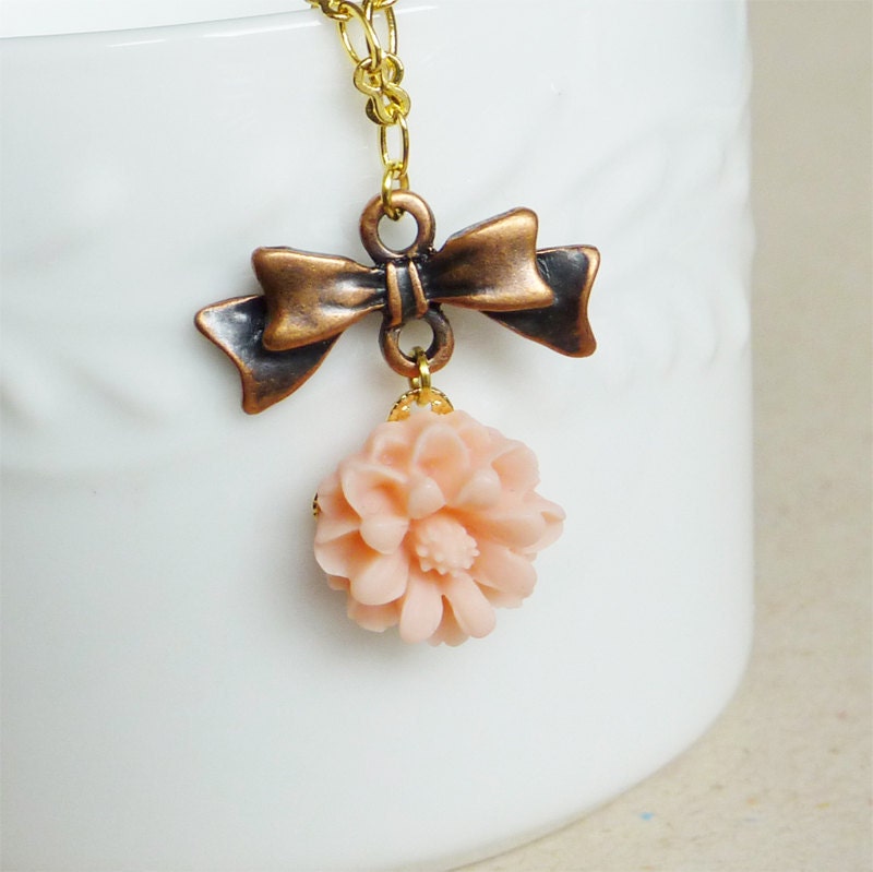 Pink Flower Necklace with Bow. Wedding Necklace. Bridal Jewelry. Bridesmaid Gift.