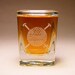 2 Shot Glasses - Yarn - round blue and clear square etched glasses
