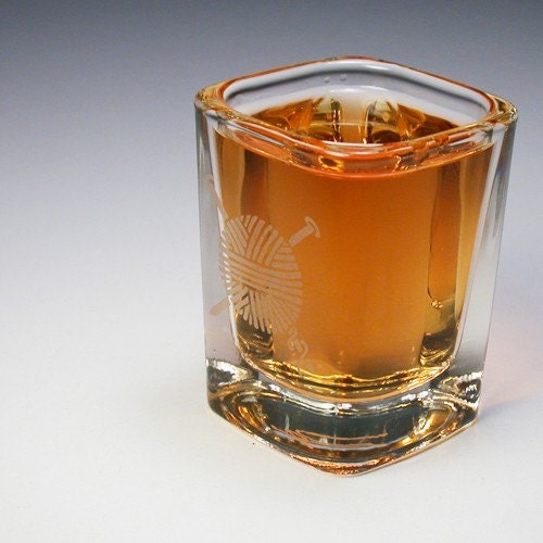 2 Shot Glasses - Yarn - round blue and clear square etched glasses