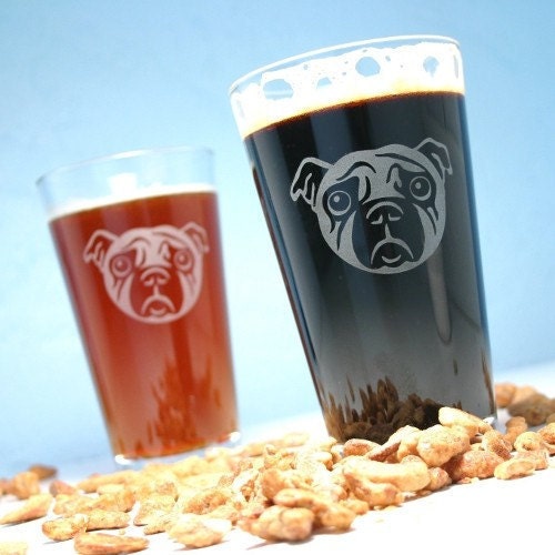 Pug Dog Pint Glass - 1 Etched Glass - sad puppy
