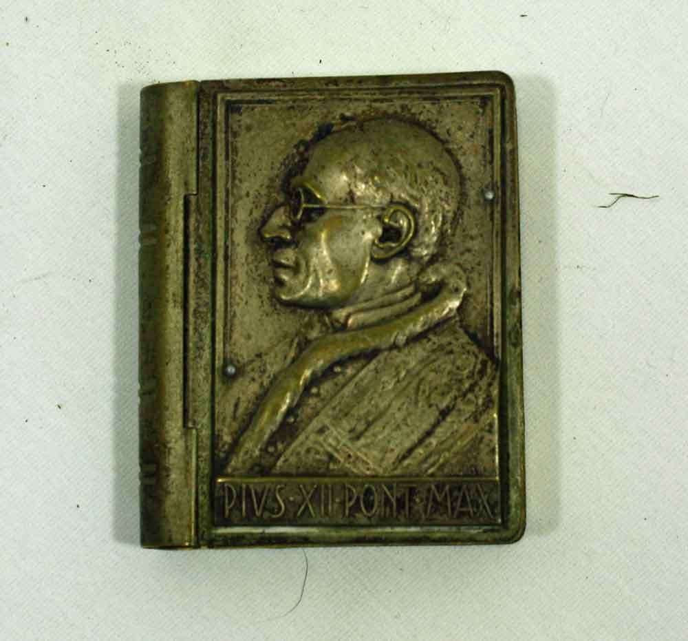 Silver Plate Rosary Holder Pope Pius profile on a false book